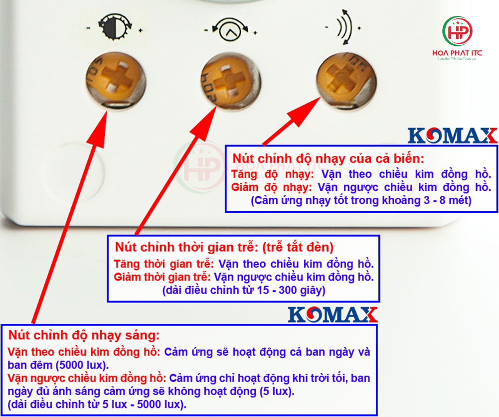 cac nut dieu chin cua gui den cam ung - Đui đèn cảm biến chuyển động Komax KM-S18 tích hợp phích cắm