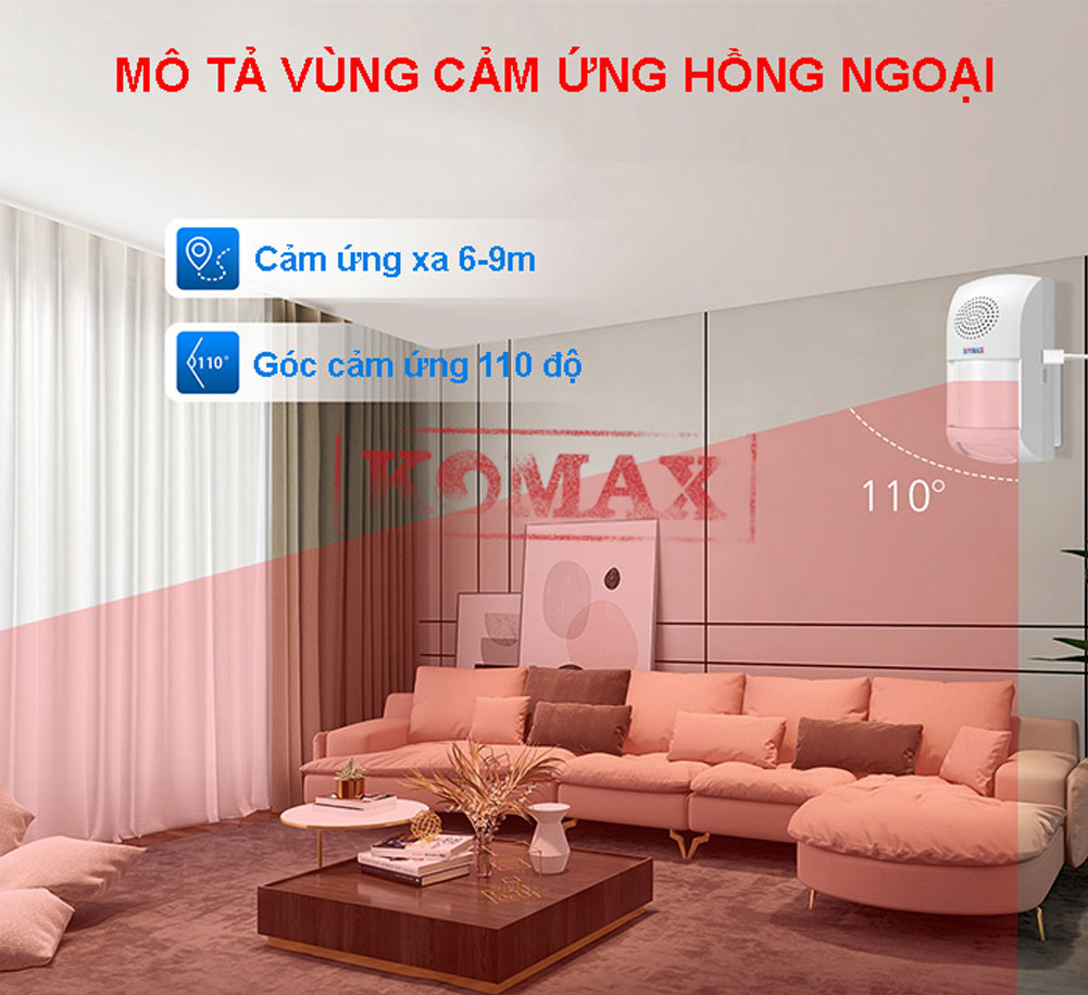 mo ta vung cam ung km x10 - Báo động hồng ngoại dùng wifi Komax KM-X10