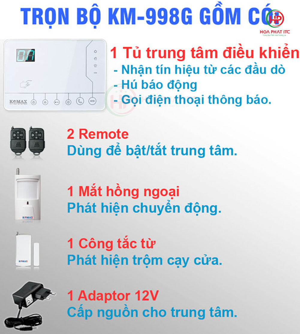bo bao trom khong day dung wifi va sim gsm koamx km 998g day du - Báo trộm không dây dùng Wifi và sim GSM Komax KM-998G