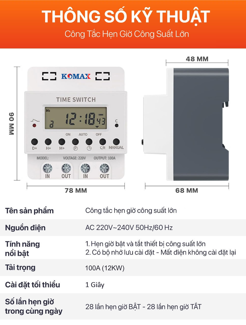 Công Tắc Hẹn Giờ Công Nghiệp Công Suất Lớn 100A Komax KM-100A KM 100A thong so ky thuat - Công Tắc Hẹn Giờ Công Nghiệp Công Suất Lớn 100A Komax KM-100A