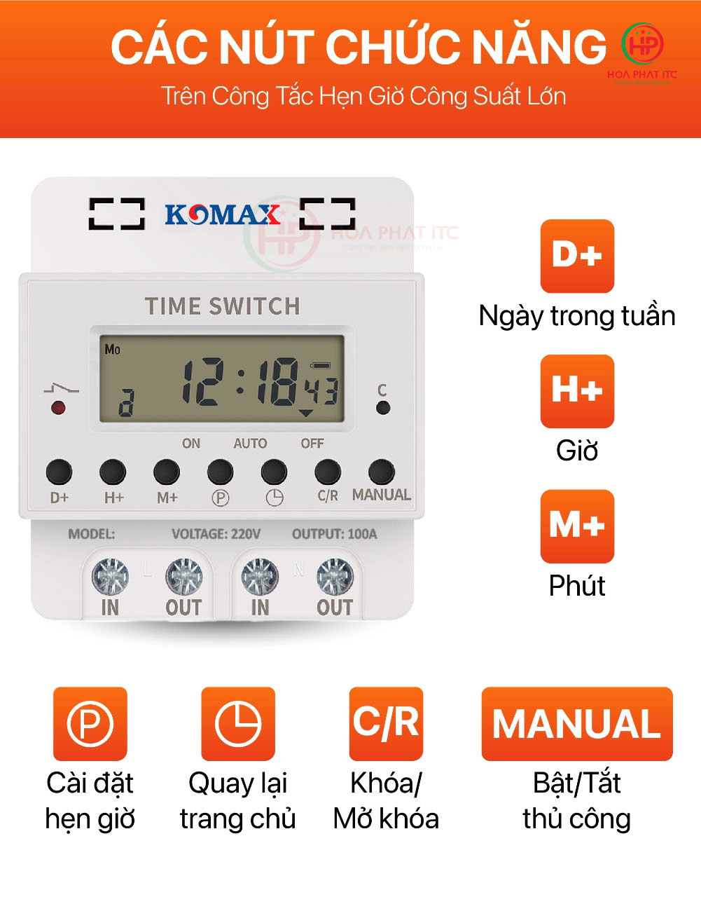 Công Tắc Hẹn Giờ Công Nghiệp Công Suất Lớn 100A Komax KM-100A cac nut chuc nang Cong Tac Hen Gio Cong Nghiep Cong Suat Lon 100A Komax KM 100A 01 - Công Tắc Hẹn Giờ Công Nghiệp Công Suất Lớn 100A Komax KM-100A